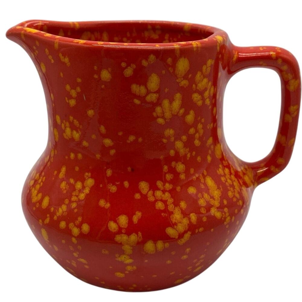 Vintage Mid Century Red Orange Speckle splatter ceramic Pitcher signed 1969 5"‎